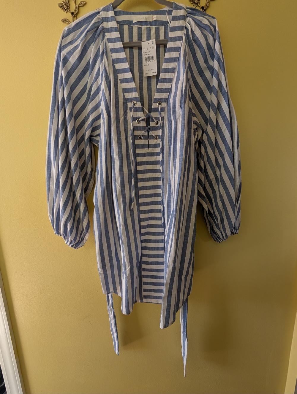 Women's Blue and White Stripe Lace-Up Mini Dress
